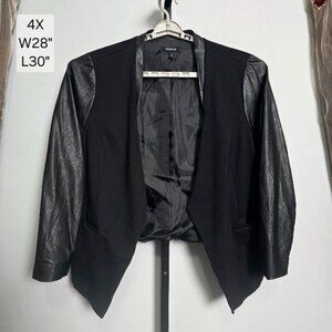 Torrid Jacket Size 4 (4X) Black Faux Leather Sleeve Open Front Blazer Mixed Medi
